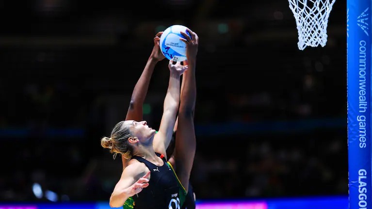 Karin Burger during New Zealand's Commonwealth Games netball win over Jamaica in Glasgow.
